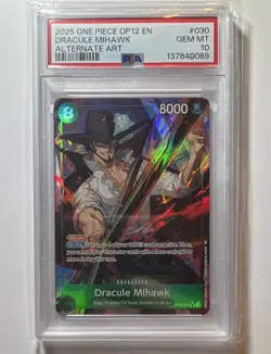 Namco One Piece CCG 2025 Dracule Mihawk OP12-030 SR Foil Alt Art PSA 10 - Image 2