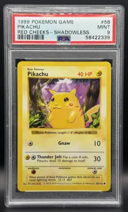 Pokemon TCG PSA 9 Pikachu Red Cheeks Shadowless Base Set Card WOTC 58/102 - Image 1