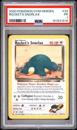 PSA 1 PR 2000 Gym Heroes Rocket's Snorlax 33/132 Non Holo Rare Pokemon Vintage - Image 1