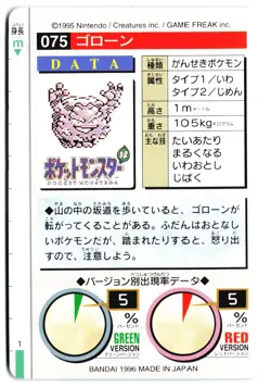 Graveler 075 Green Bandai Carddass Pokemon Pocket Monsters Japanese 1996 NM - Image 2