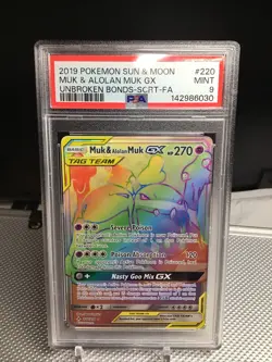 2019 Pokemon Sun & Moon Unbroken Bonds #220 Muk & Alolan Muk Gx PSA 9 - Image 1