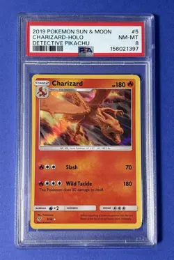 2019 Pokemon Sun & Moon Charizard Holo Detective Pikachu #5 PSA 8 NM-MT - Image 1