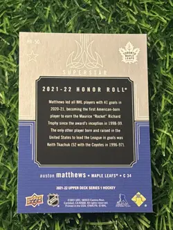2021-22 Upper Deck #HR-50 Auston Matthews Honor Roll Toronto Maple Leafs - Image 2