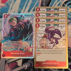 Roronoa Zoro EB04-007 SR & 4 x Distorted Future EB04-008 R One Piece Mint Foil - Image 1