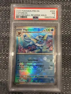 2025 Pokemon Prismatic Evolutions Vaporeon Master Ball Reverse Holo PSA 7 - Image 1