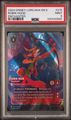 Disney Lorcana Robin Hood Sharpshooter Enchanted Holo PSA 9 - Image 1