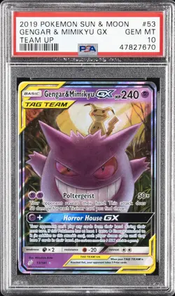 2019 POKEMON SUN & MOON TEAM UP #53 GENGAR & MIMIKYU GX PSA 10 - Image 1