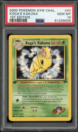 PSA 10 Koga's Kakuna 1st Edition Gym Challenge 47/132 Pokemon Card - Image 1