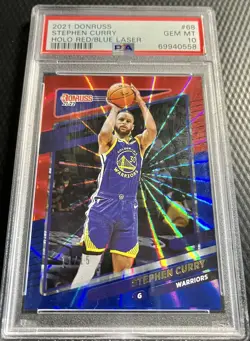 2021 Stephen Curry 11/15 PSA 10 Panini Donruss Holo Red/Blue Laser #68 Warriors - Image 1