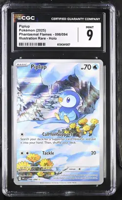 CGC 9 MINT Piplup 098/094 ME02 Phantasmal Flames IR Illustration Rare Pokemon - Image 1