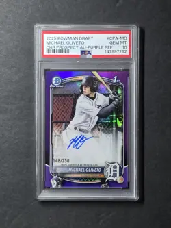 Michael Oliveto Auto /249 Purple PSA 10 - 1st Bowman Chrome 2025 Draft Tigers - Image 1