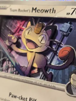 Team Rocket's Meowth 3D Handmade Pokemon Card Art 149/182 Sv10: Destined Rivals - Image 1