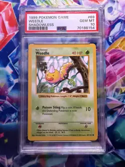 PSA GEM MT 10 - 1999 Unlimited Base SHADOWLESS Pokemon Card - WEEDLE 69/102 - Image 1