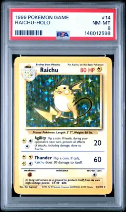 1999 POKEMON BASE SET UNLIMITED #14 RAICHU-HOLO PSA 8 - Image 1