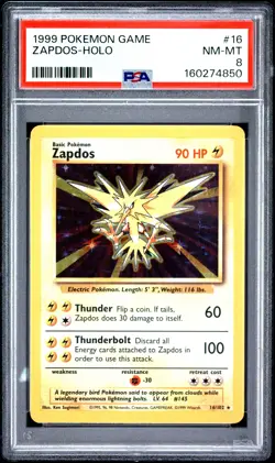 1999 POKEMON BASE SET UNLIMITED #16 ZAPDOS-HOLO PSA 8 - Image 1