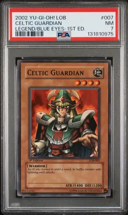 2002 YU-GI-OH! LOB-LEGEND OF BLUE EYES WHITE DRAGON #007 CELTIC GUARDIAN PSA 7 - Image 1