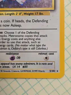 Clefairy 5/102 Unlimited Base Set Holo HP Rare WOTC Pokemon TCG Vintage Single - Image 5