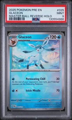 2025 POKEMON PRE EN-PRISMATIC EVOLUTIONS MASTER BALL REVERSE HOLO GLACEON PSA 9 - Image 1