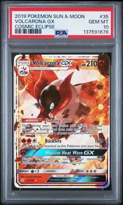 PSA 10 Gem Mint 2019 POKEMON SUN & MOON COSMIC ECLIPSE #35 VOLCARONA GX - Image 1