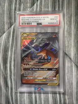 2019 Pokemon SM Unbroken Bonds Reshiram Charizard Tag Team GX #20/214 PSA 10 - Image 1