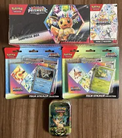 Pokemon Prismatic Lot x 1 Surprise Box+Booster Bundle, x1 Tin, x2 Tech Sticker - Image 1