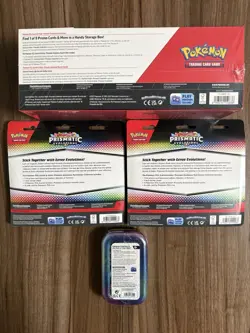 Pokemon Prismatic Lot x 1 Surprise Box+Booster Bundle, x1 Tin, x2 Tech Sticker - Image 2