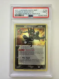 Greninja Gold Star SWSH144 Celebrations ETB Promo Pokemon Card PSA 9 Mint - Image 1