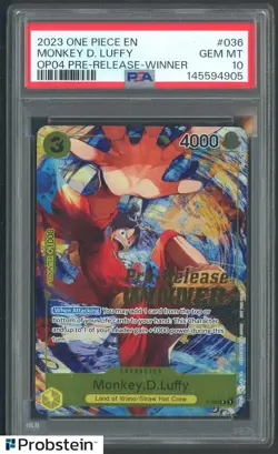 2023 One Piece Monkey D Luffy OP04 EN Pre-Release Winner PSA 10 GEM MINT - Image 1