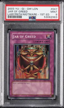 2003 YU-GI-OH! LON-LABYRINTH OF NIGHTMARE 1ST EDITION #047 JAR OF GREED PSA 9 - Image 1