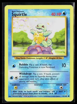 Squirtle 63/102 Common Base Set Unlimited WOTC Vintage Pokemon HP - Image 1