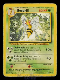 Pokemon Card Beedrill 17/102 Base Set Unlimited Rare Vintage WOTC MP 1999 - Image 1