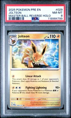 2025 POKEMON PRE EN-PRISMATIC EVOLUTIONS MASTER BALL REVERSE HOLO JOLTEON PSA 8 - Image 1