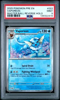 2025 POKEMON PRE EN-PRISMATIC EVOLUTIONS MASTER BALL REVERSE HOLO VAPOREON PSA 9 - Image 1