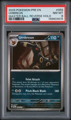 2025 POKEMON PRE EN-PRISMATIC EVOLUTIONS MASTER BALL REVERSE HOLO UMBREON PSA 8 - Image 1