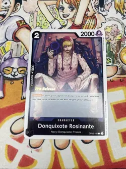 One Piece TCG OP02-108 Donquixote Rosinante Paramount War Pre-Release Stamp - Image 1