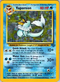VAPOREON 12/64 HOLO JUNGLE POKEMON UNLIMITED HOLO MODERATELY PLAYED - Image 1