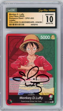 CGC GM 10 Auto 10 Colleen Clinkenbeard Monkey.D.Luffy OP01-003 Romance Dawn - Image 1