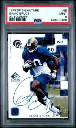 1999 UPPER DECK SP SIGNATURE EDITION ISAAC BRUCE ON CARD AUTO RAMS HOF PSA 9 - Image 1