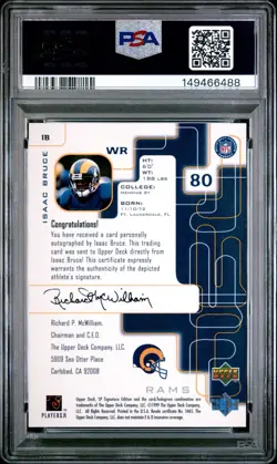 1999 UPPER DECK SP SIGNATURE EDITION ISAAC BRUCE ON CARD AUTO RAMS HOF PSA 9 - Image 2