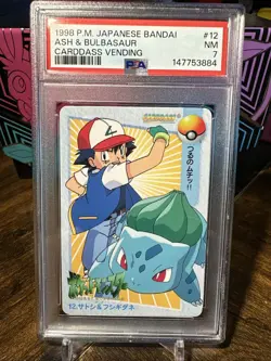 1998 Pokemon Japanese Bandai Anime Carddass Vending #12 Ash & Bulbasaur PSA 7 - Image 1