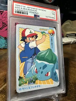 1998 Pokemon Japanese Bandai Anime Carddass Vending #12 Ash & Bulbasaur PSA 7 - Image 3