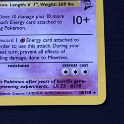 Mewtwo 10/130 Pokemon TCG Base Set 2 Holo Foil Rare Card Lightly Played LP - Image 4