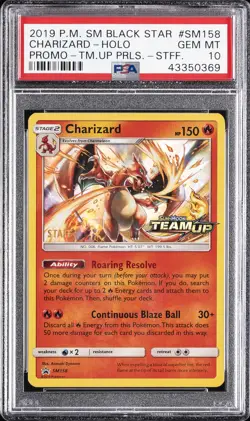 2019 POKEMON SM BLACK STAR PROMO TEAM UP PRERELEASE-STAFF CHARIZARD-HOLO PSA 10 - Image 1