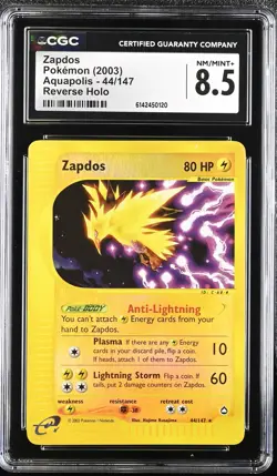 CGC 8.5 NM/MINT+ Zapdos 44/147 Aquapolis Reverse Holo Pokemon Card - Image 1