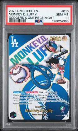 2025 One Piece Promos #010 Monkey D. Luffy Dodgers X One Piece Night PSA 10 - Image 1