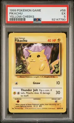 1999 POKEMON BASE SET UNLIMITED YELLOW CHEEKS #58 PIKACHU PSA 5 - Image 1