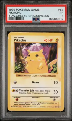 PSA 1 PR 1999 SHADOWLESS Base Set Pikachu Yellow Cheeks 58/102 Pokemon Vintage - Image 1