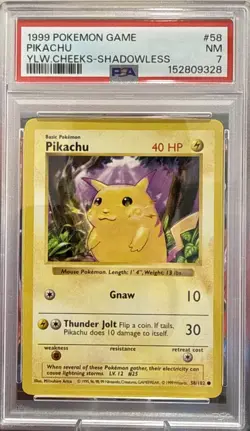 1999 POKEMON BASE SET YELLOW CHEEKS-SHADOWLESS #58 PIKACHU PSA 7 - Image 1