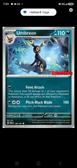 Pokemon Umbreon GameStop Promo Reverse Holo Miscellaneous Cards 130/197 110 HP - Image 1
