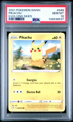 2021 POKEMON SWORD & SHIELD EVOLVING SKIES #049 PIKACHU PSA 10 - Image 1